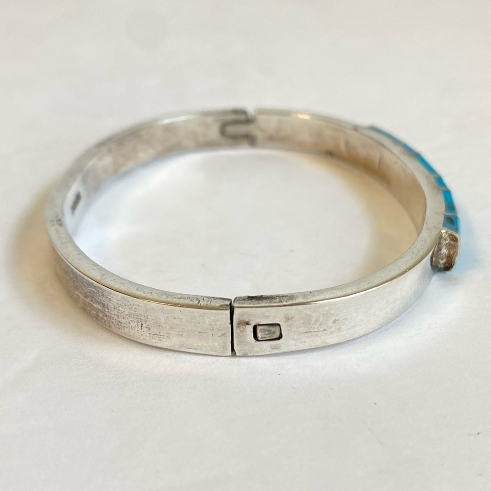Vintage Turquoise Bangle Bracelet Mexico Silver Hinged Coastal Cowgirl Southwest - Picture 4 of 11